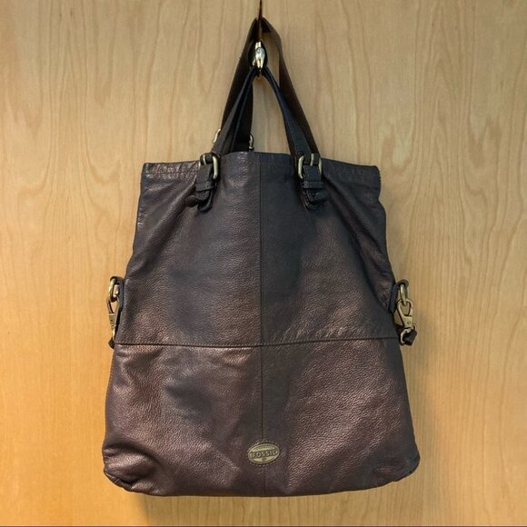 FOSSIL Large Tote Leather With Metallic Sheen Vintage Fabric  Strap Y2K - Picture 2 of 12